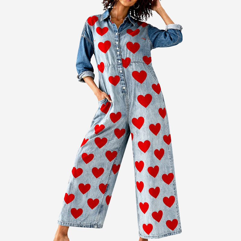 Amelie Fleur Heart Print Denim Jumpsuit