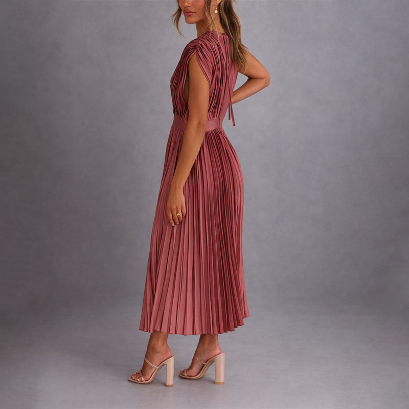 Amelie Fleur Pleated V-Neck Midi Dress