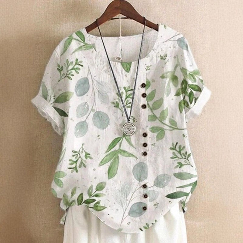 Camille Martin Leaf Print Top with Round Neck