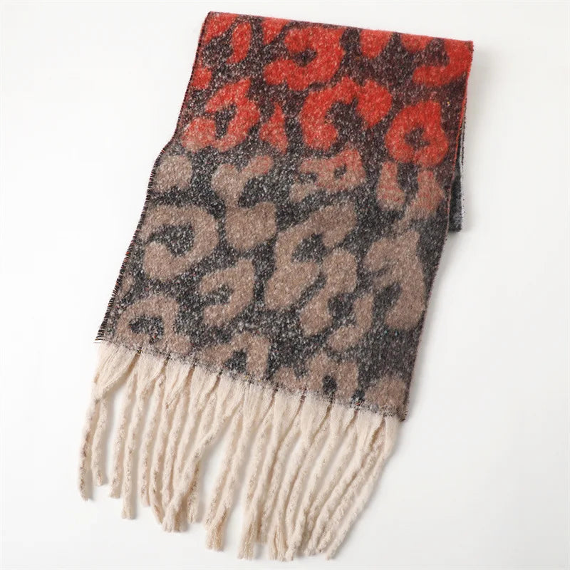 Leopard Print Long Scarf with Fringed Ends