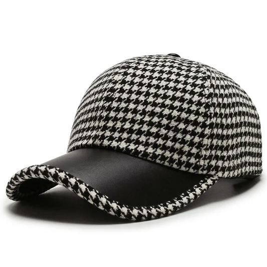 Men’s Houndstooth Cap with Faux Leather Detail