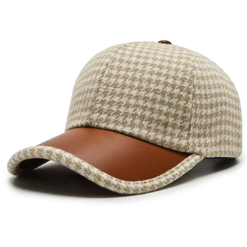Men’s Houndstooth Cap with Faux Leather Detail