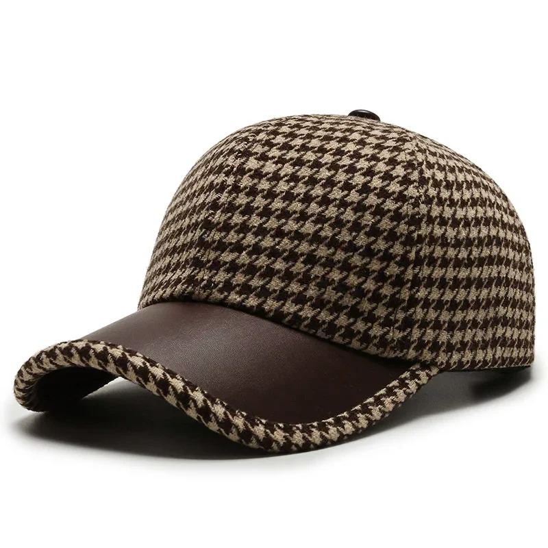 Men’s Houndstooth Cap with Faux Leather Detail