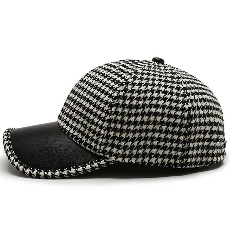 Men’s Houndstooth Cap with Faux Leather Detail