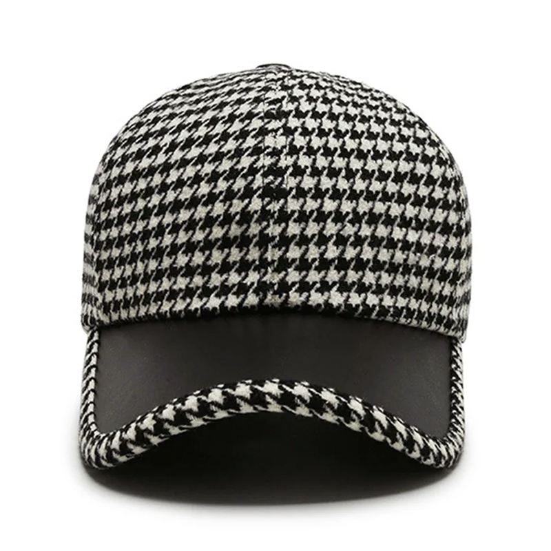 Men’s Houndstooth Cap with Faux Leather Detail