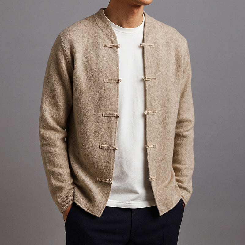 Men’s Wool Cardigan with Stand Collar and Loop Buttons