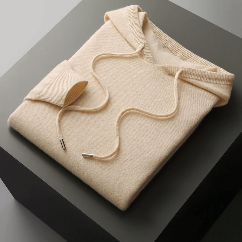 Merino Wool Hooded Sweater for Men with Drawstrings