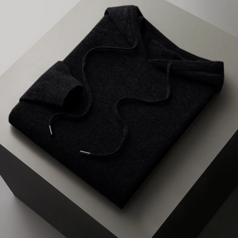 Merino Wool Hooded Sweater for Men with Drawstrings