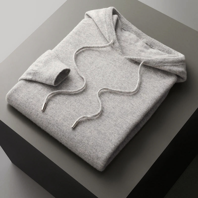 Merino Wool Hooded Sweater for Men with Drawstrings