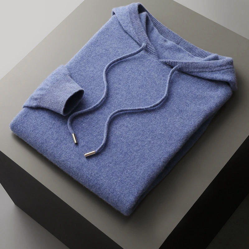 Merino Wool Hooded Sweater for Men with Drawstrings