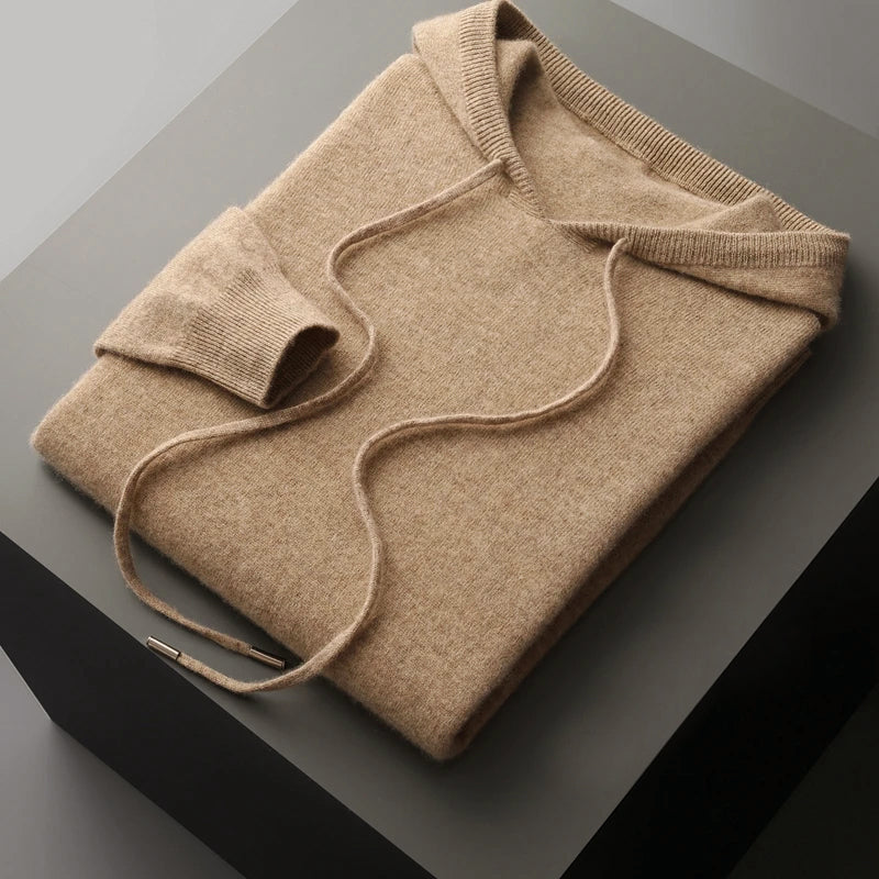 Merino Wool Hooded Sweater for Men with Drawstrings