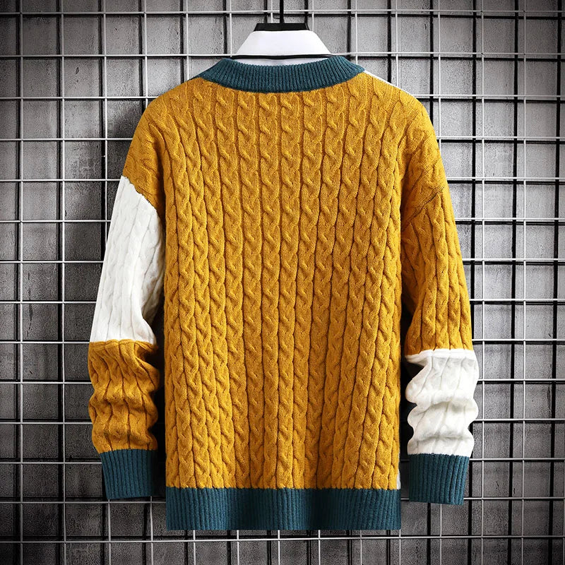 Patchwork Cable Knit Sweater for Men with Round Neck