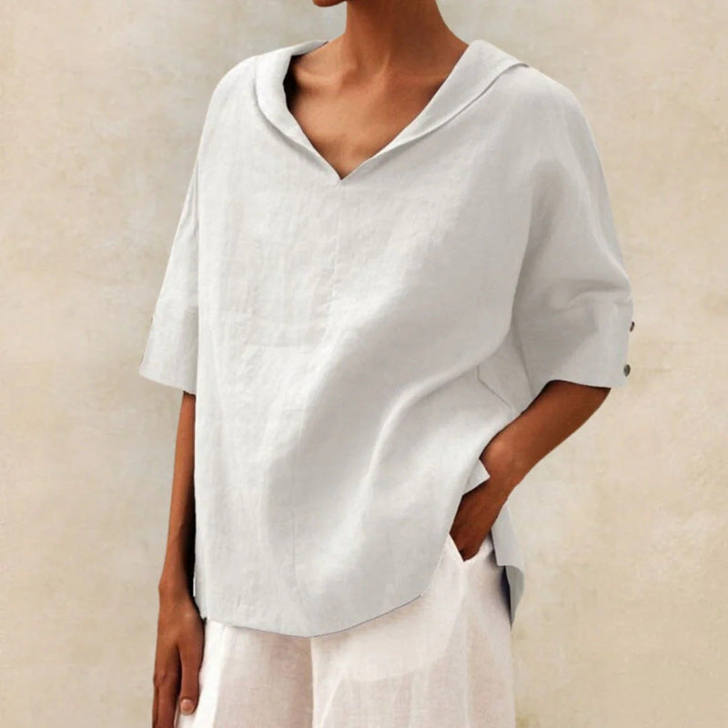 Sofie Malou Loose V-Neck Linen Blouse