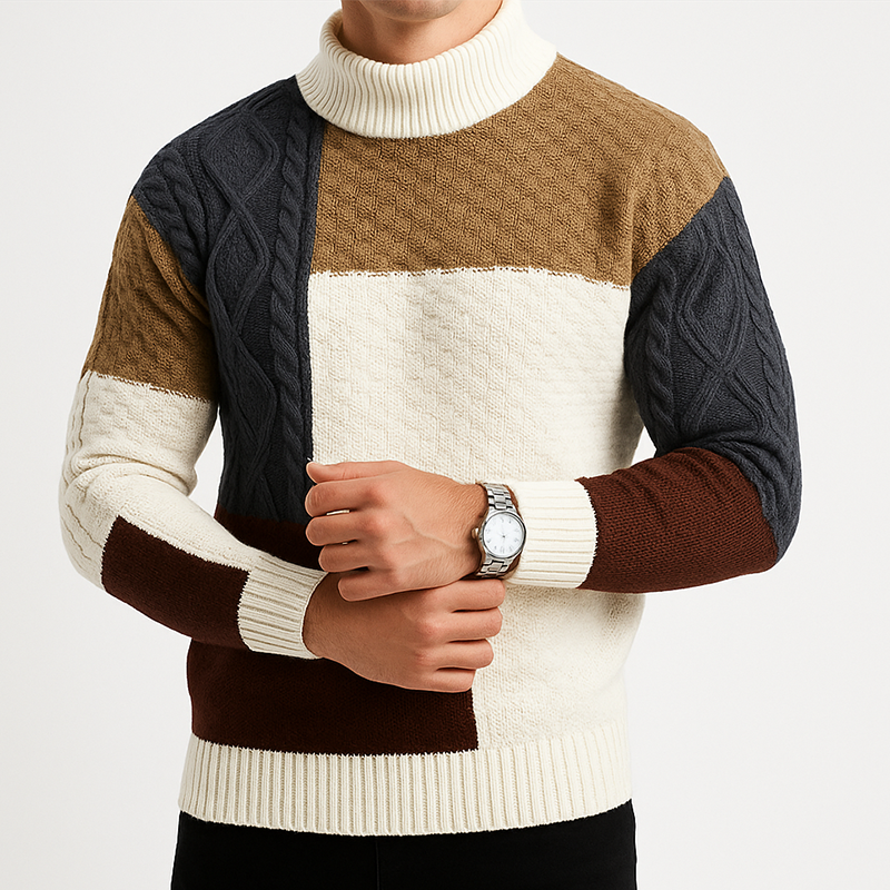 Textured Patchwork Sweater for Men with High Neck Collar