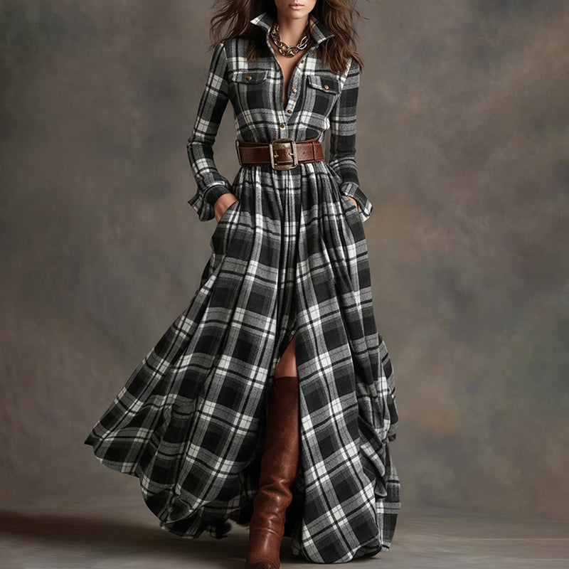 Women’s Belted Plaid Maxi Dress with Flowing Skirt