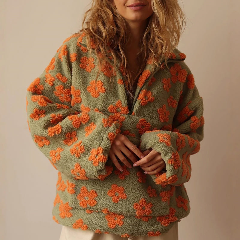 Women’s Cozy Floral Fleece Sweatshirt with Half-Zip