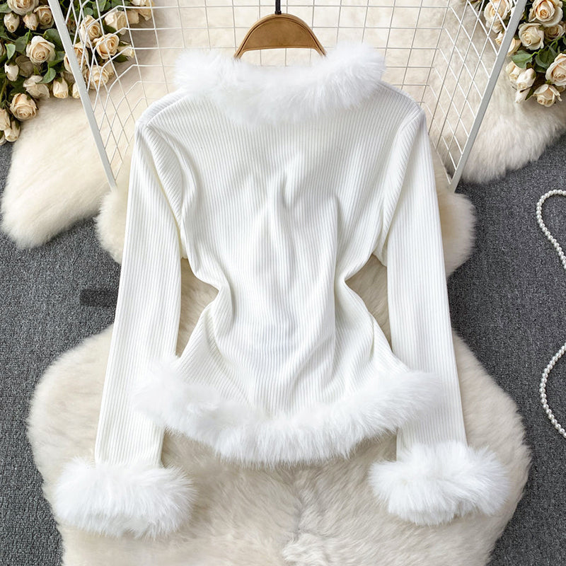 Women’s Elegant Ribbed Top with Fur Detailing