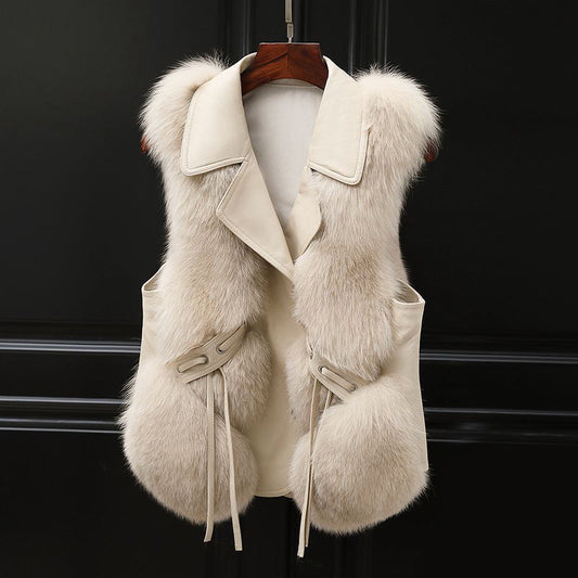 Women’s Faux Fur Vest with Lapel Collar and Front Tie Detail