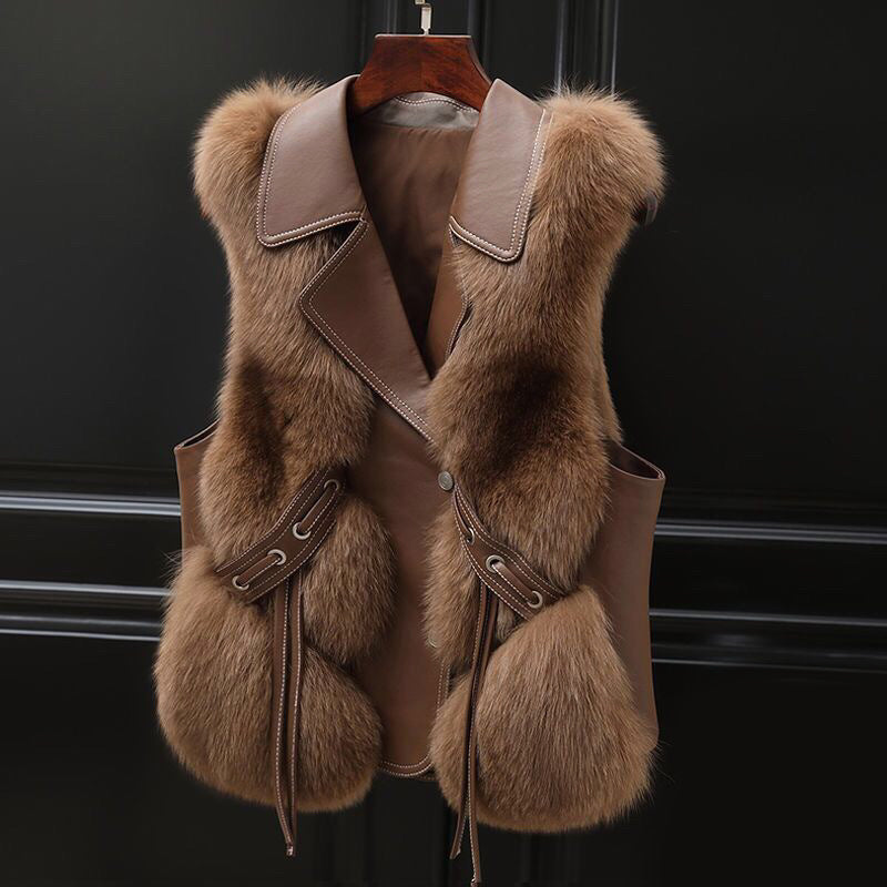 Women’s Faux Fur Vest with Lapel Collar and Front Tie Detail