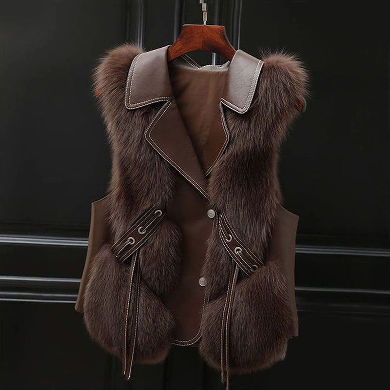 Women’s Faux Fur Vest with Lapel Collar and Front Tie Detail