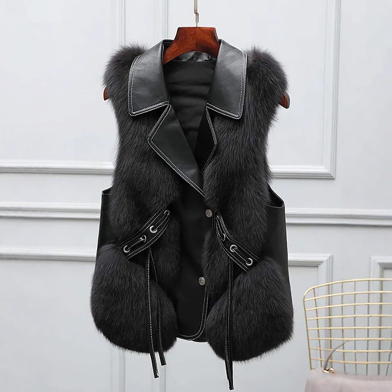 Women’s Faux Fur Vest with Lapel Collar and Front Tie Detail