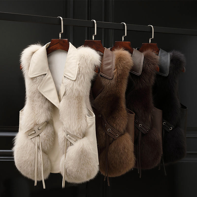 Women’s Faux Fur Vest with Lapel Collar and Front Tie Detail