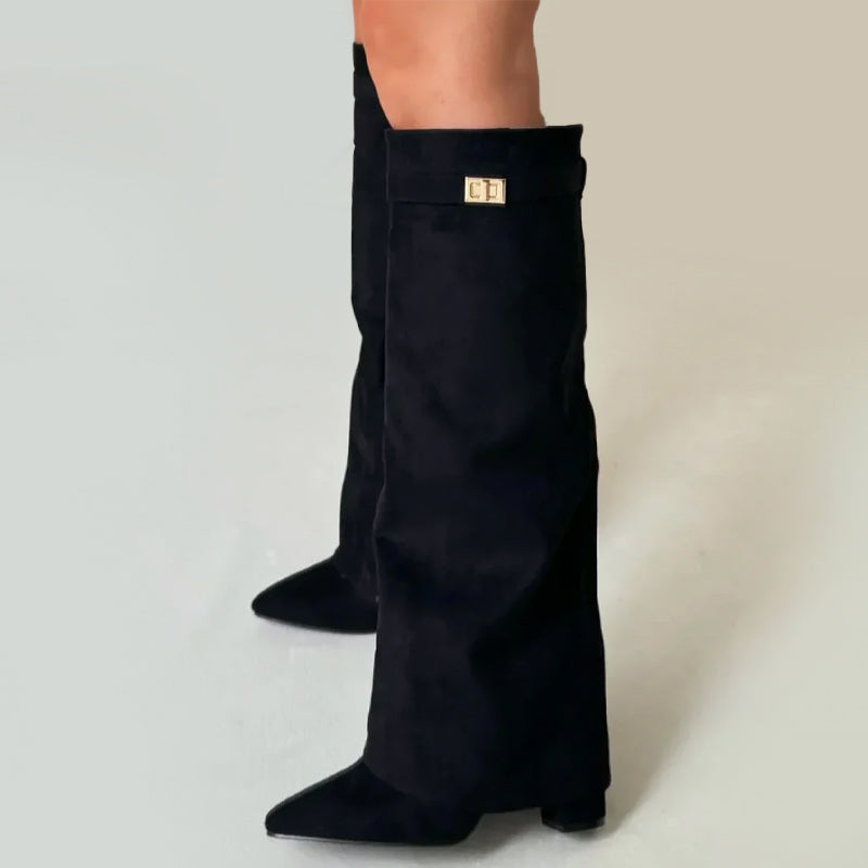 Women’s Faux Suede Knee Boots with Folded Top Design