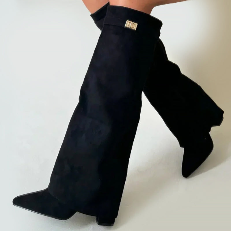 Women’s Faux Suede Knee Boots with Folded Top Design