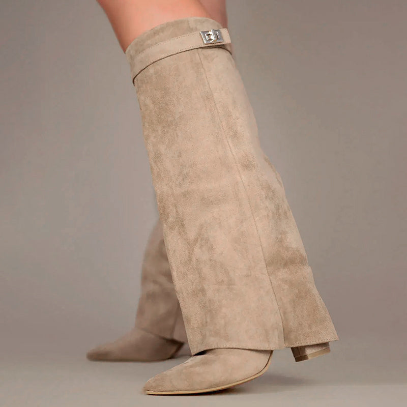 Women’s Faux Suede Knee Boots with Folded Top Design