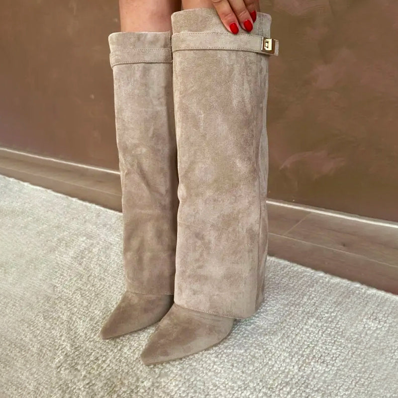 Women’s Faux Suede Knee Boots with Folded Top Design