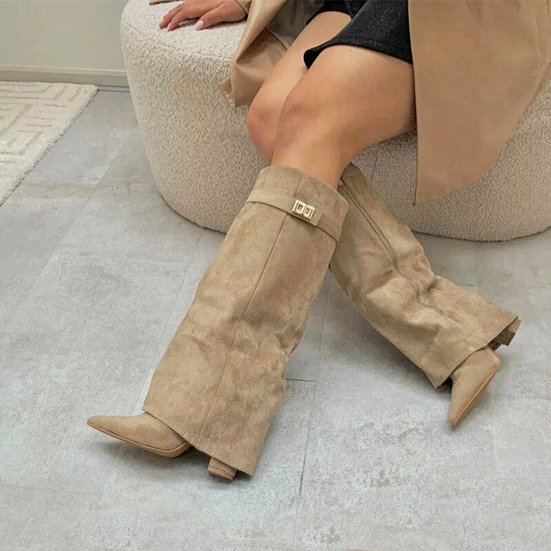 Women’s Faux Suede Knee Boots with Folded Top Design