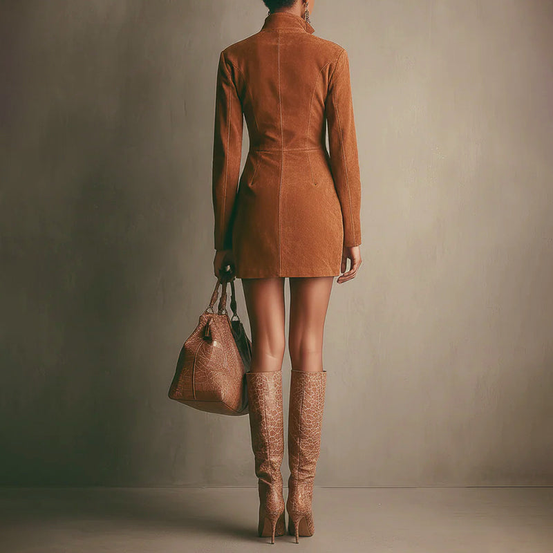 Women’s Fitted Suede Mini Dress with Long Sleeves