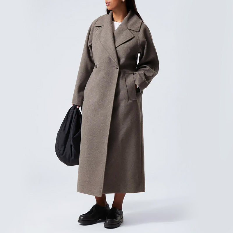 Women’s Full-Length Wool Blend Overcoat with Lapel Collar
