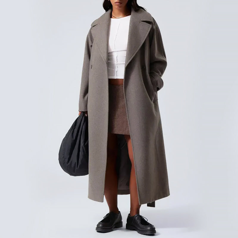 Women’s Full-Length Wool Blend Overcoat with Lapel Collar