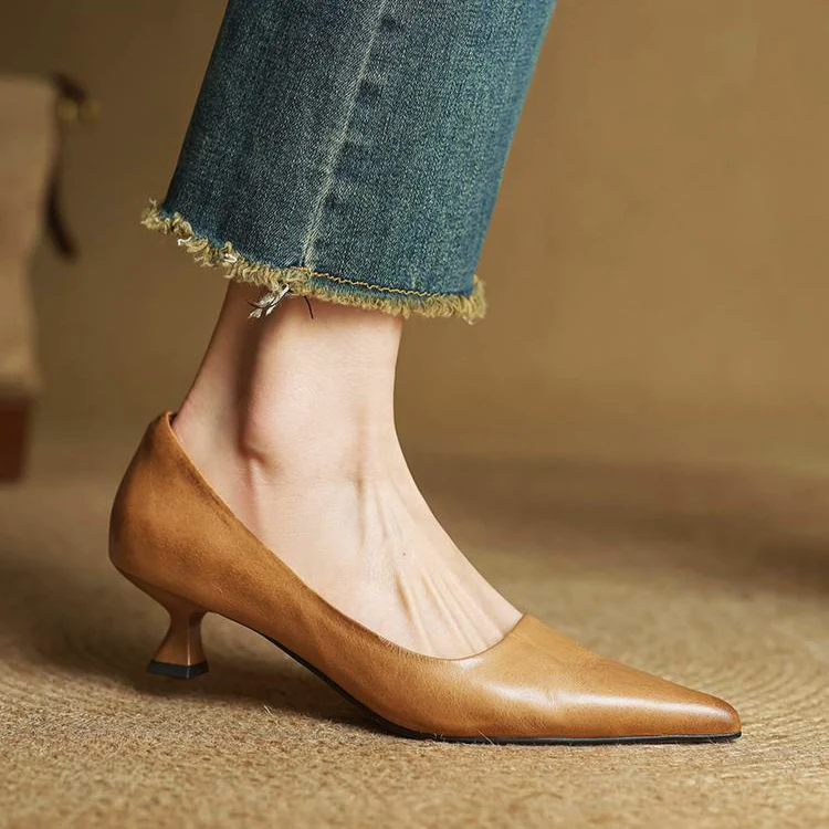 Women’s Genuine Leather Kitten-Heel Pointed Shoes