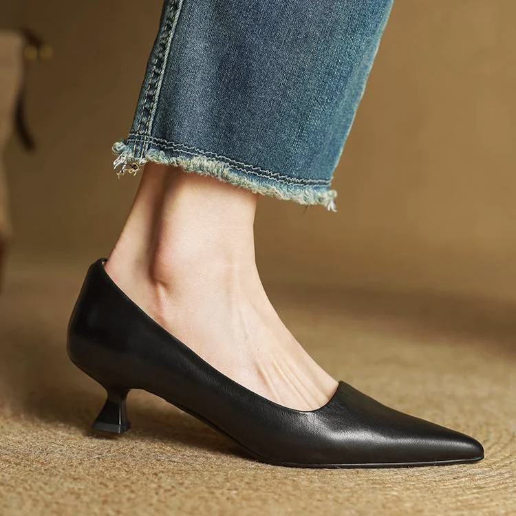 Women’s Genuine Leather Kitten-Heel Pointed Shoes