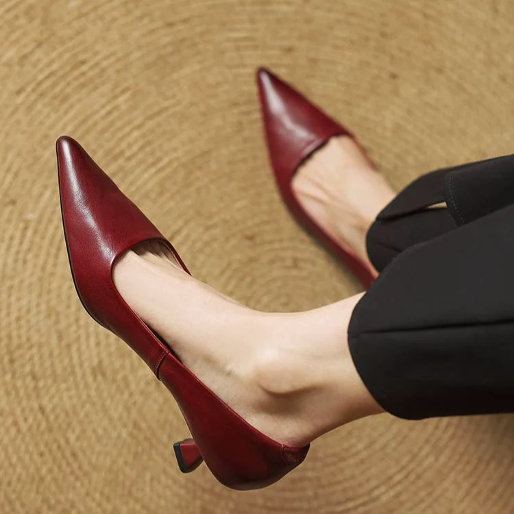 Women’s Genuine Leather Kitten-Heel Pointed Shoes