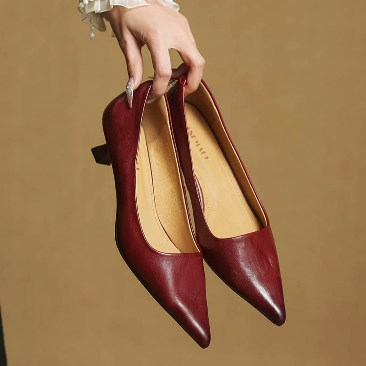 Women’s Genuine Leather Kitten-Heel Pointed Shoes