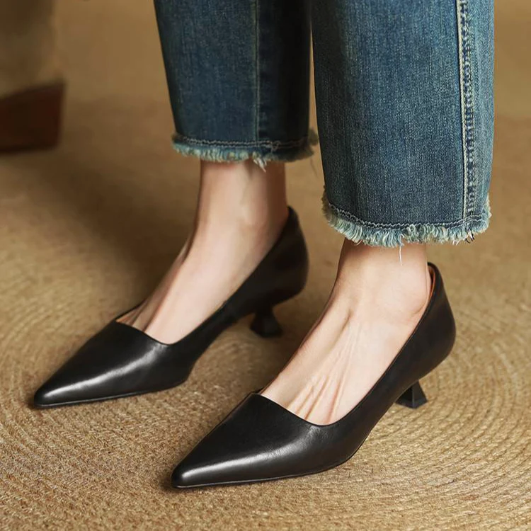 Women’s Genuine Leather Kitten-Heel Pointed Shoes