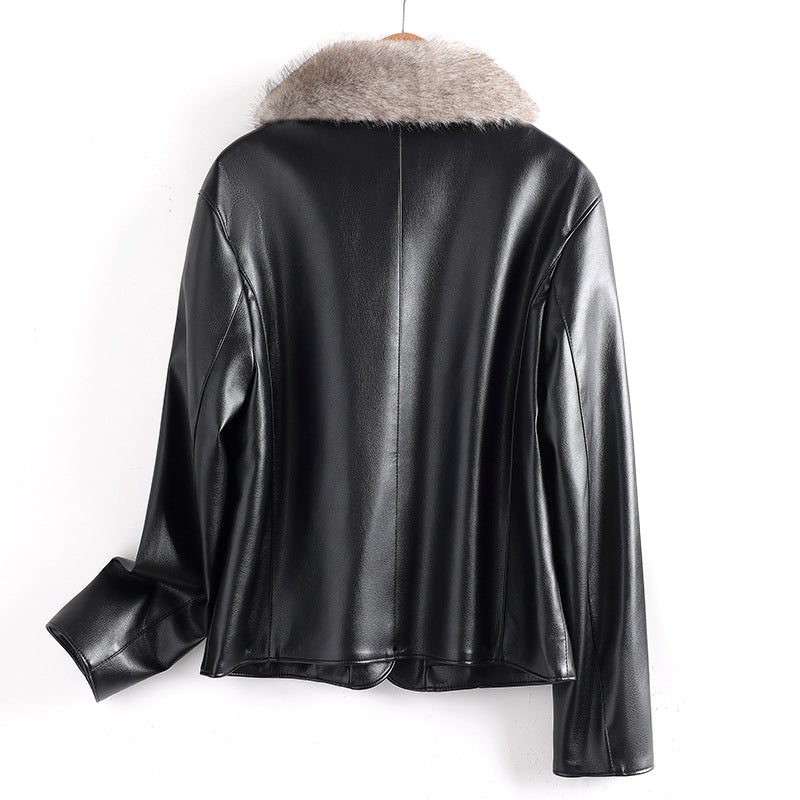 Women’s Leather Jacket with Faux Fur Collar and Patch Pockets