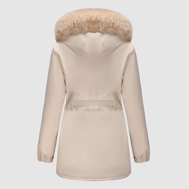 Women’s Long Parka with Fur-Trim Hood and Adjustable Waist