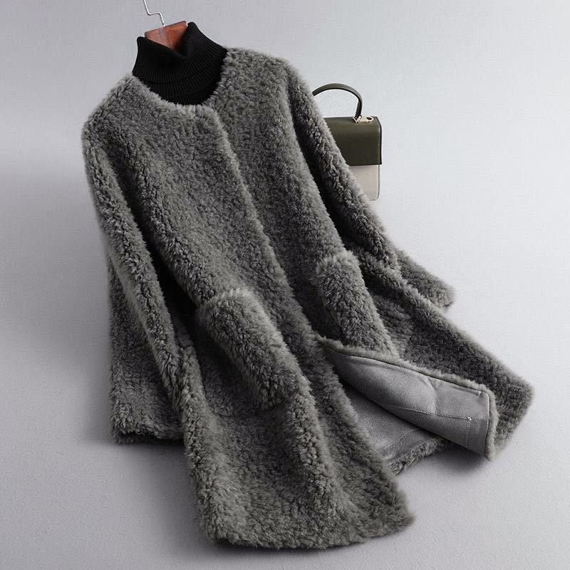 Women’s Mid-Length Faux Shearling Coat with Round Collar