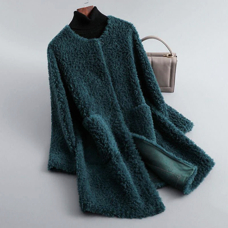 Women’s Mid-Length Faux Shearling Coat with Round Collar