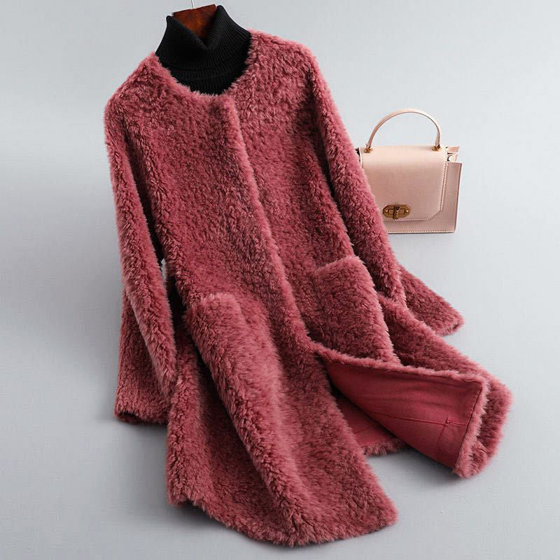 Women’s Mid-Length Faux Shearling Coat with Round Collar