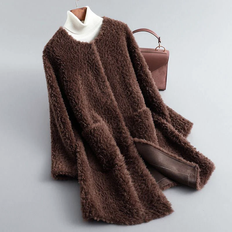 Women’s Mid-Length Faux Shearling Coat with Round Collar