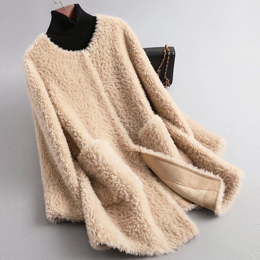 Women’s Mid-Length Faux Shearling Coat with Round Collar