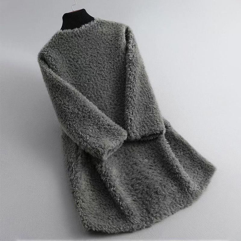Women’s Mid-Length Faux Shearling Coat with Round Collar