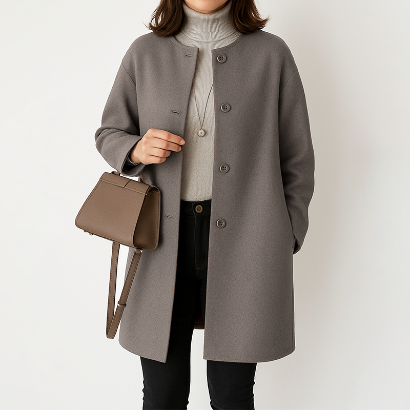 Women’s Mid-Thigh Coat with Round Neckline