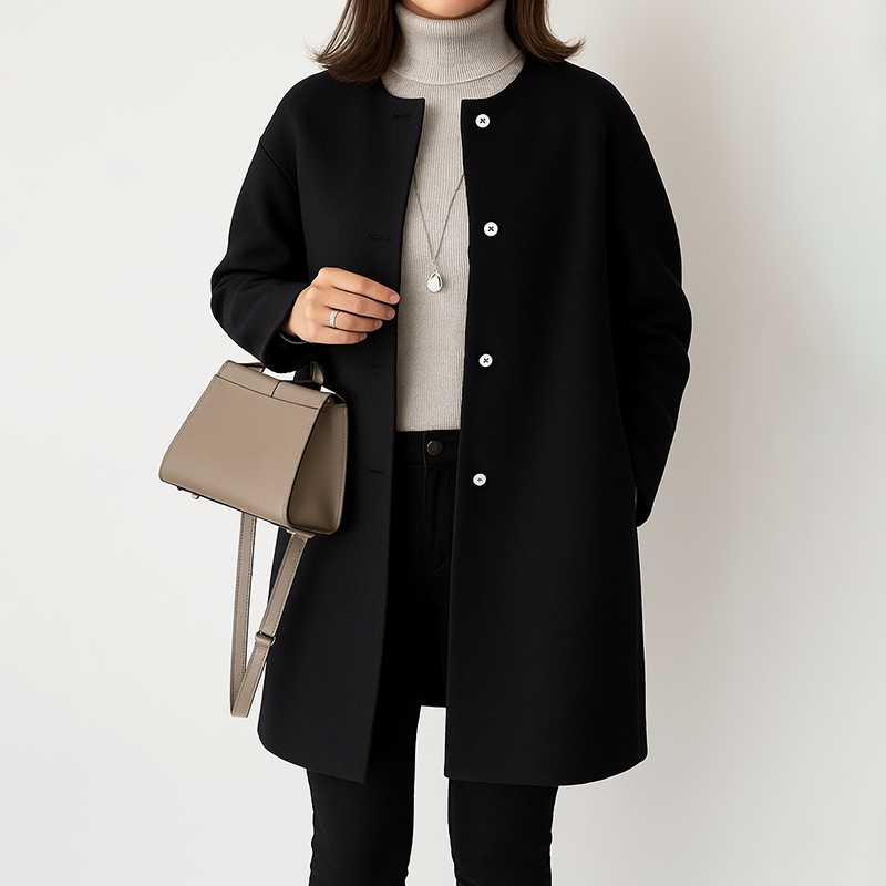 Women’s Mid-Thigh Coat with Round Neckline