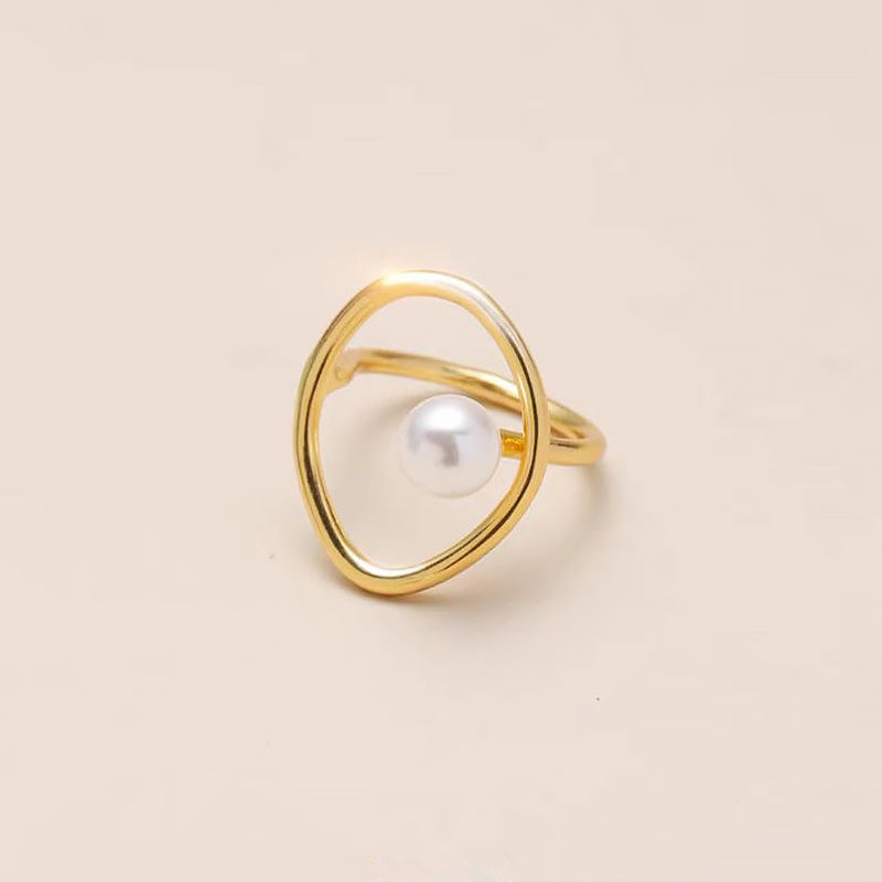 Women's Minimalist Open Circle Ring with Pearl